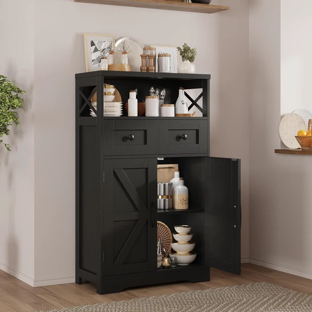 Alt view image 4 of 7 - Black Farmhouse Storage Cabinet with Doors and Drawers, Small Pantry Hutch