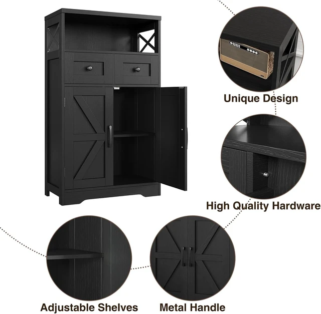 Alt view image 7 of 7 - Black Farmhouse Storage Cabinet with Doors and Drawers, Small Pantry Hutch