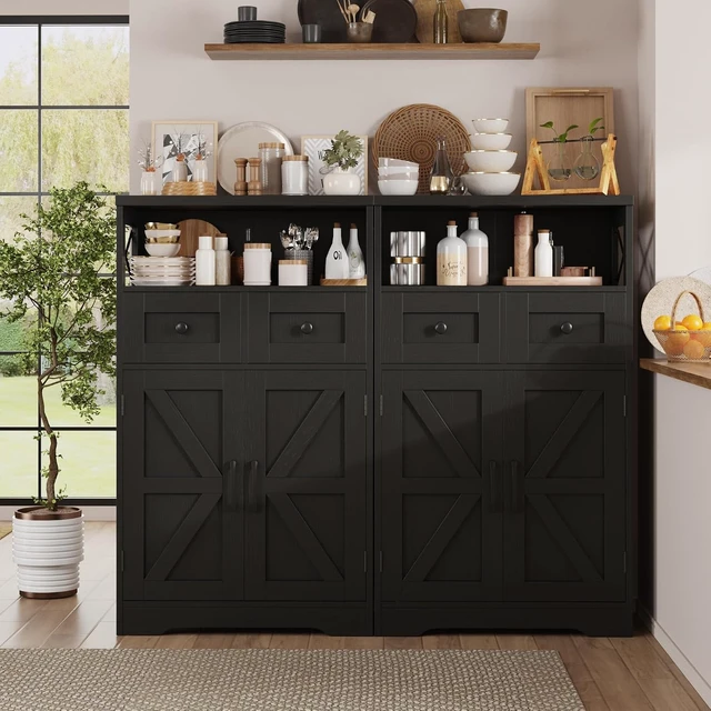 Alt view image 5 of 7 - Black Farmhouse Storage Cabinet with Doors and Drawers, Small Pantry Hutch