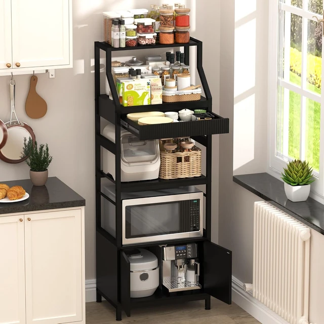 Alt view image 3 of 6 - Bakers Rack with Storage Cabinet, Industrial Microwave Stand with Drawer,5-Tier Free Standing Kitchen Storage Shelf Rack,Coffee Bar Station for Kitchen, Dining Room