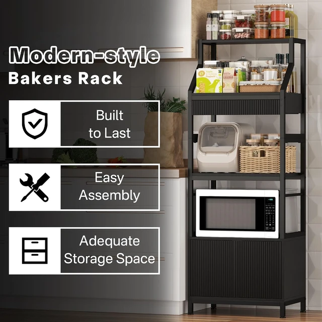 Alt view image 4 of 6 - Bakers Rack with Storage Cabinet, Industrial Microwave Stand with Drawer,5-Tier Free Standing Kitchen Storage Shelf Rack,Coffee Bar Station for Kitchen, Dining Room
