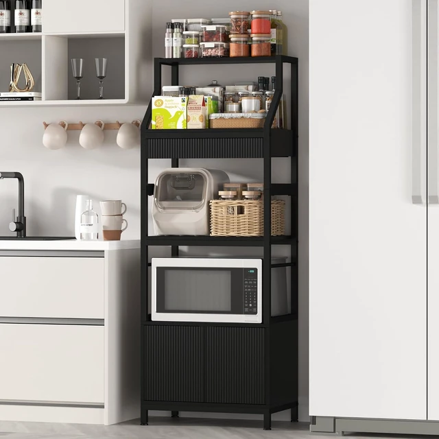 Alt view image 6 of 6 - Bakers Rack with Storage Cabinet, Industrial Microwave Stand with Drawer,5-Tier Free Standing Kitchen Storage Shelf Rack,Coffee Bar Station for Kitchen, Dining Room