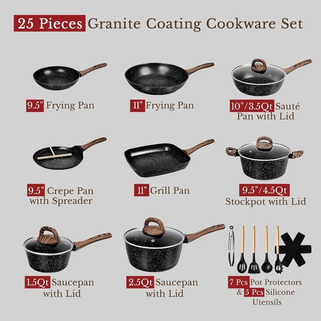 Alt view image 2 of 7 - 25 Pcs Pots and Pans Set, Nonstick Ceramic Cookware Sets, Healthy Non-Toxic, Large Capacity, Induction Compatible, Cooking Set with Frying Pans & Saucepans, PFAS/PTFE/PFOA Free, Classic Black