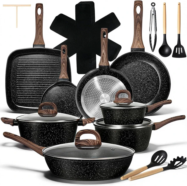 Main image of 25 Pcs Pots and Pans Set, Nonstick Ceramic Cookware Sets, Healthy Non-Toxic, Large Capacity, Induction Compatible, Cooking Set with Frying Pans & Saucepans, PFAS/PTFE/PFOA Free, Classic Black