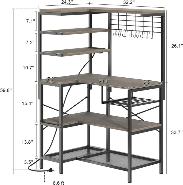 Alt view image 3 of 7 - L-Shaped Bakers Rack with Power Outlets
