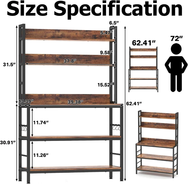 Alt view image 2 of 7 - Kitchen Bakers Rack with Storage Shelves,5-Tier Free Standing Storage Shelf Rack with Hooks,Industrial Microwave Stand Shelf for Dining Room