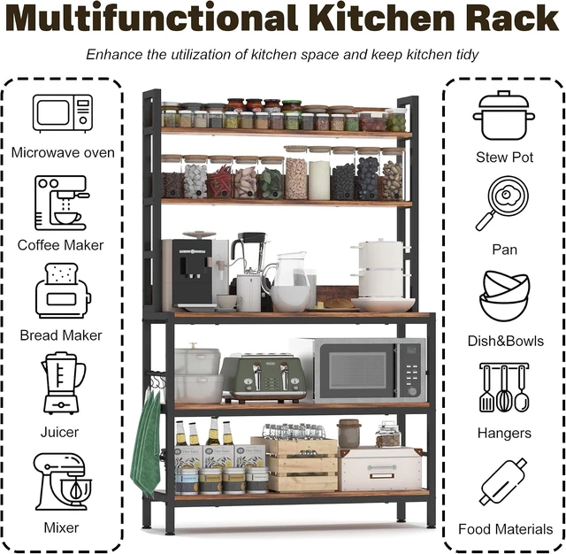 Alt view image 3 of 7 - Kitchen Bakers Rack with Storage Shelves,5-Tier Free Standing Storage Shelf Rack with Hooks,Industrial Microwave Stand Shelf for Dining Room