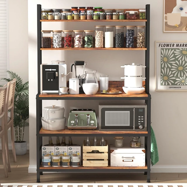 Alt view image 4 of 7 - Kitchen Bakers Rack with Storage Shelves,5-Tier Free Standing Storage Shelf Rack with Hooks,Industrial Microwave Stand Shelf for Dining Room