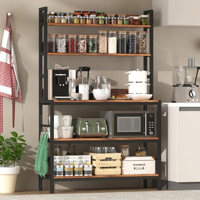 Alt view image 5 of 7 - Kitchen Bakers Rack with Storage Shelves,5-Tier Free Standing Storage Shelf Rack with Hooks,Industrial Microwave Stand Shelf for Dining Room