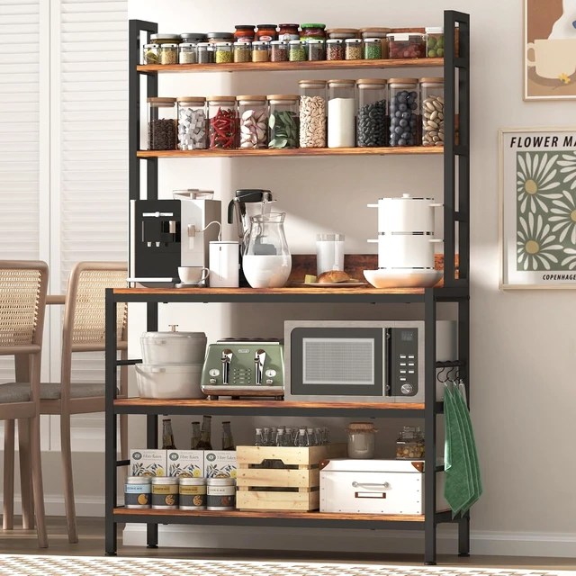 Alt view image 7 of 7 - Kitchen Bakers Rack with Storage Shelves,5-Tier Free Standing Storage Shelf Rack with Hooks,Industrial Microwave Stand Shelf for Dining Room