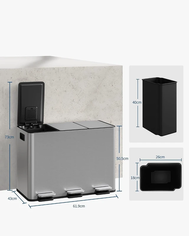 Alt view image 5 of 5 - 3-in-1 Stainless Steel Recycling Trash Can, 3 x 4 Gallon (12 Gal Total) Triple Compartment Kitchen Garbage Bin with Soft-Close Step Lid, Hands-Free Waste Sorting for Home, Silver