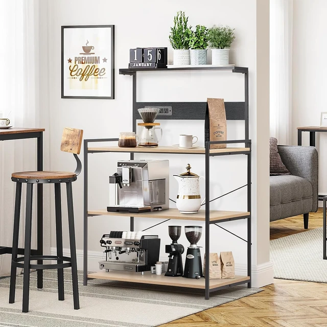 Alt view image 2 of 7 - 4-Tier Kitchen Baker's Rack with Power Outlet, Microwave Stand and Storage Shelves, Coffee Station Organizer (White Maple and Black)