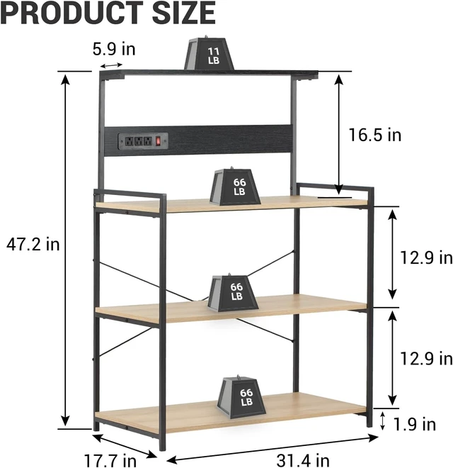Alt view image 3 of 7 - 4-Tier Kitchen Baker's Rack with Power Outlet, Microwave Stand and Storage Shelves, Coffee Station Organizer (White Maple and Black)