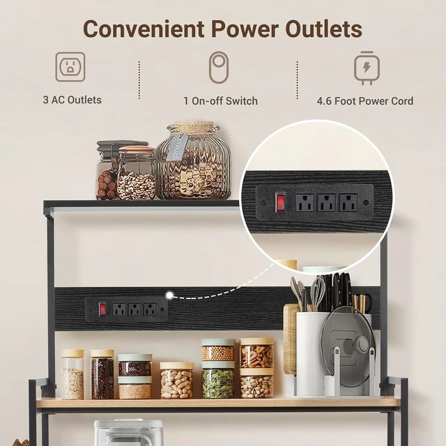Alt view image 4 of 7 - 4-Tier Kitchen Baker's Rack with Power Outlet, Microwave Stand and Storage Shelves, Coffee Station Organizer (White Maple and Black)