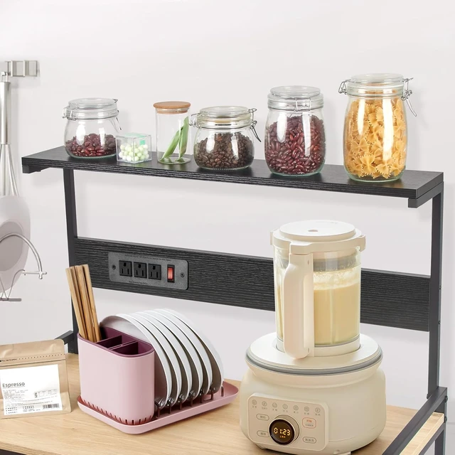Alt view image 5 of 7 - 4-Tier Kitchen Baker's Rack with Power Outlet, Microwave Stand and Storage Shelves, Coffee Station Organizer (White Maple and Black)