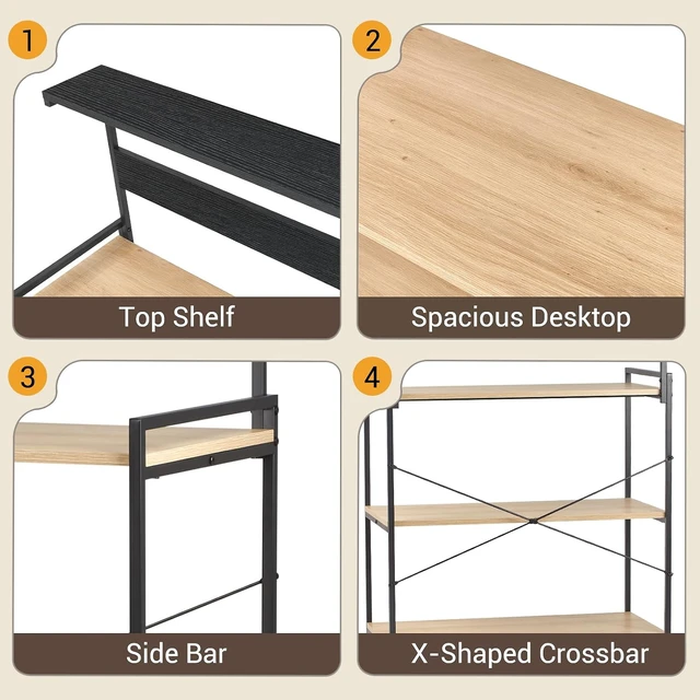 Alt view image 6 of 7 - 4-Tier Kitchen Baker's Rack with Power Outlet, Microwave Stand and Storage Shelves, Coffee Station Organizer (White Maple and Black)