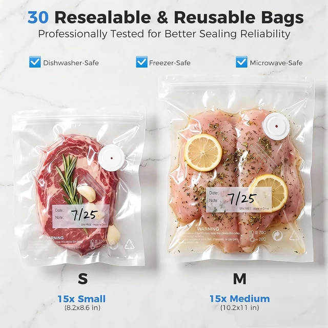 Alt view image 5 of 7 - Compact Handheld Food Vacuum Sealer with 30 Reusable Vacuum Bags