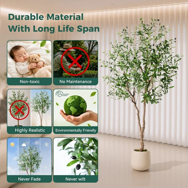 Alt view image 2 of 7 - 6FT Faux Olive Tree with Decorative Planter, Olive Trees Artificial Indoor with Textured Trunk, Silk Leaves and Olive Fruits, Fake Plants for Living Room, Entryway and Office Decor
