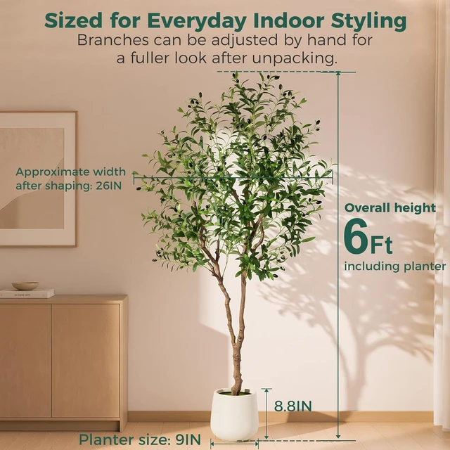 Alt view image 3 of 7 - 6FT Faux Olive Tree with Decorative Planter, Olive Trees Artificial Indoor with Textured Trunk, Silk Leaves and Olive Fruits, Fake Plants for Living Room, Entryway and Office Decor