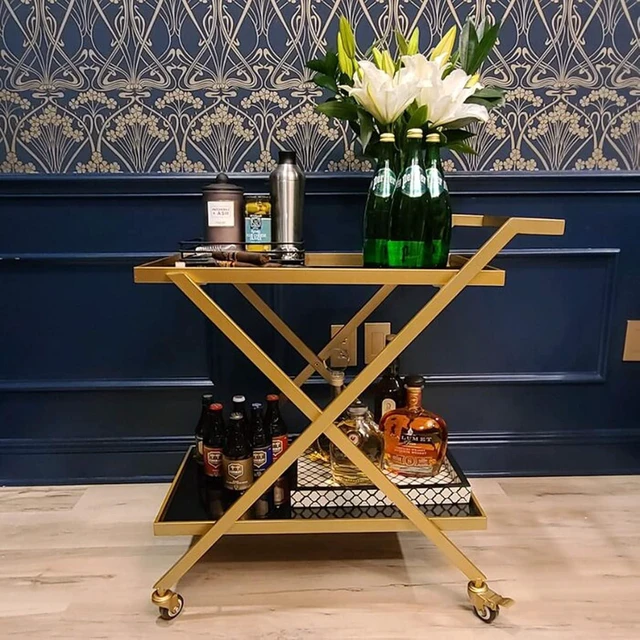 Main image of Gold Finish Bar Cart on Wheels, No-Tool Assembly 2-Tier Serving Cart with Black Tempered Glass Shelves & Locking Casters - Mobile Snack/Drink Cart for Home Bar, Kitchen, Parties