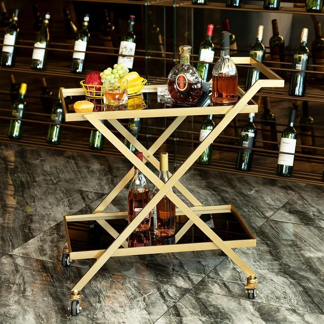 Alt view image 3 of 7 - Gold Finish Bar Cart on Wheels, No-Tool Assembly 2-Tier Serving Cart with Black Tempered Glass Shelves & Locking Casters - Mobile Snack/Drink Cart for Home Bar, Kitchen, Parties