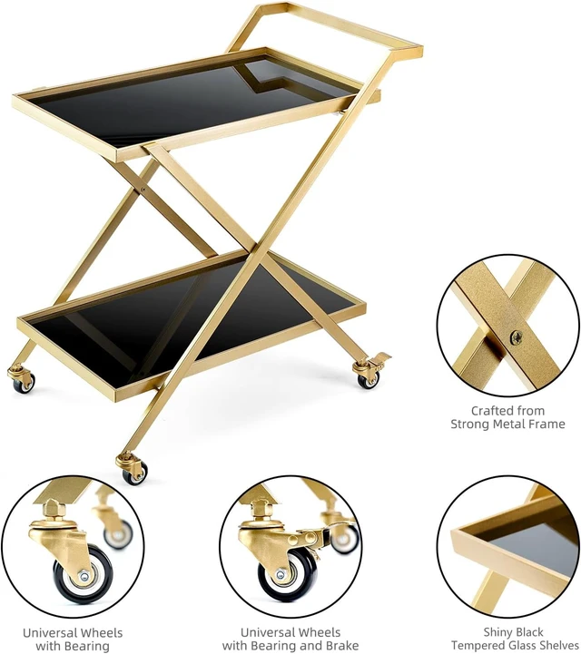 Alt view image 4 of 7 - Gold Finish Bar Cart on Wheels, No-Tool Assembly 2-Tier Serving Cart with Black Tempered Glass Shelves & Locking Casters - Mobile Snack/Drink Cart for Home Bar, Kitchen, Parties