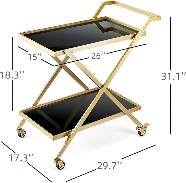 Alt view image 2 of 7 - Gold Finish Bar Cart on Wheels, No-Tool Assembly 2-Tier Serving Cart with Black Tempered Glass Shelves & Locking Casters - Mobile Snack/Drink Cart for Home Bar, Kitchen, Parties
