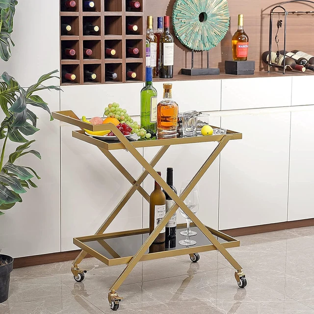 Alt view image 6 of 7 - Gold Finish Bar Cart on Wheels, No-Tool Assembly 2-Tier Serving Cart with Black Tempered Glass Shelves & Locking Casters - Mobile Snack/Drink Cart for Home Bar, Kitchen, Parties
