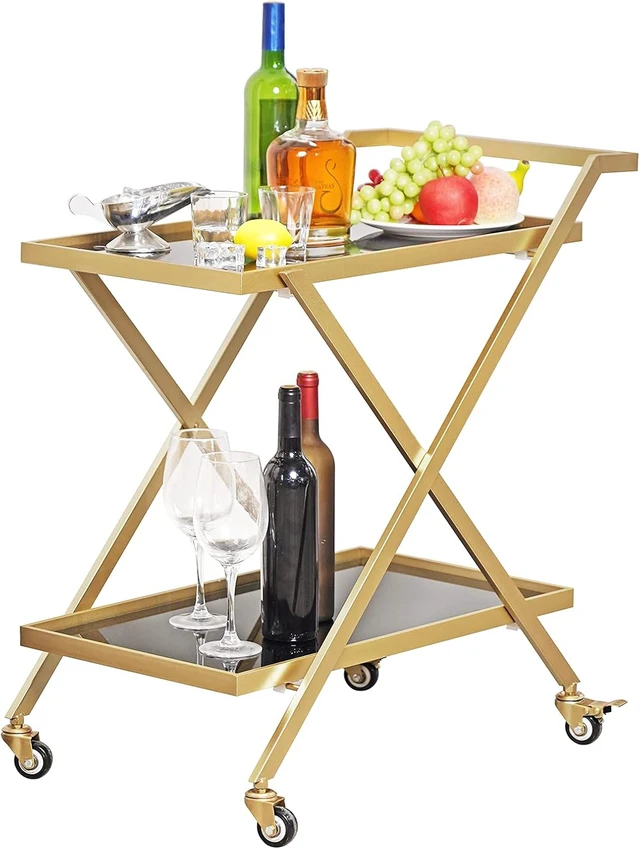 Alt view image 7 of 7 - Gold Finish Bar Cart on Wheels, No-Tool Assembly 2-Tier Serving Cart with Black Tempered Glass Shelves & Locking Casters - Mobile Snack/Drink Cart for Home Bar, Kitchen, Parties