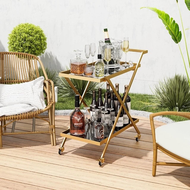 Alt view image 5 of 7 - Gold Finish Bar Cart on Wheels, No-Tool Assembly 2-Tier Serving Cart with Black Tempered Glass Shelves & Locking Casters - Mobile Snack/Drink Cart for Home Bar, Kitchen, Parties