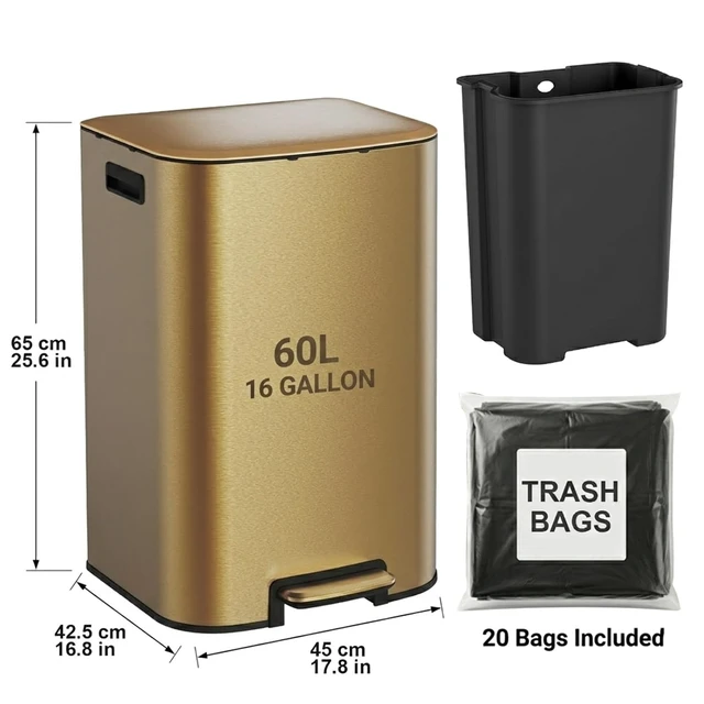 Alt view image 6 of 6 - Kitchen Trash Can with Lid 16 Gal Stainless Steel Pedal Garbage Can