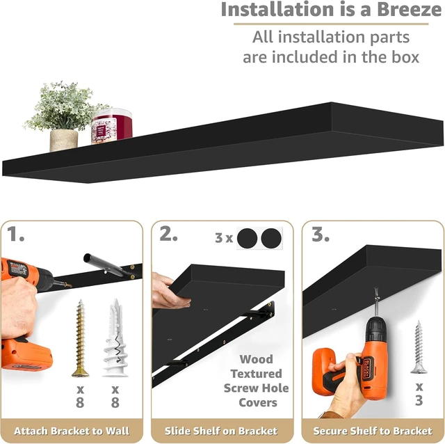 Alt view image 4 of 7 - Floating Shelves for Wall Storage (55 Inch, 3 Pack, Black)