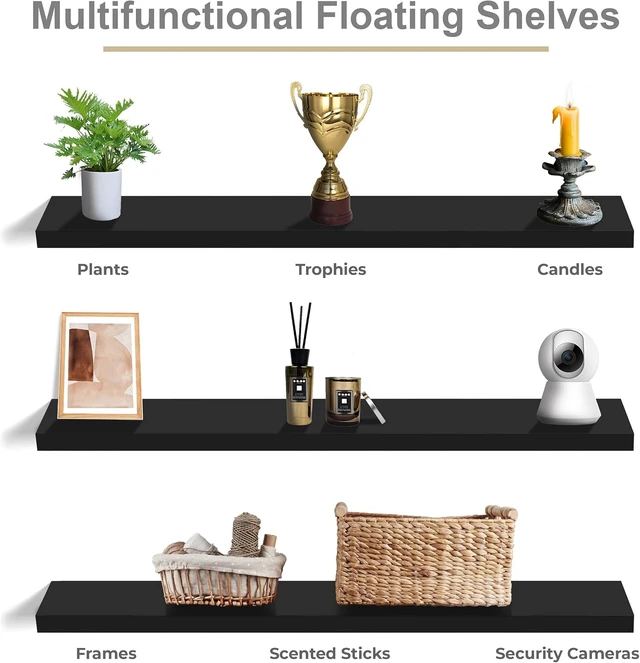 Alt view image 6 of 7 - Floating Shelves for Wall Storage (55 Inch, 3 Pack, Black)