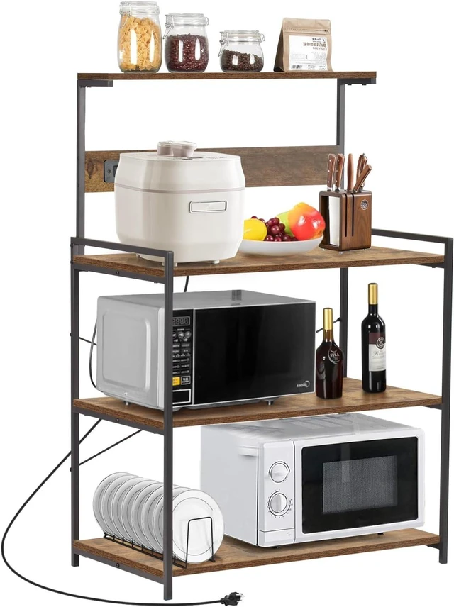 Main image of 4-Tier Kitchen Baker's Rack with Power Outlet, Microwave Stand and Storage Shelves, Coffee Station Organizer (Rustic Brown)