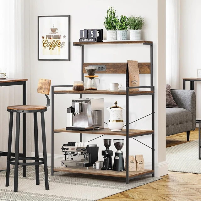 Alt view image 2 of 7 - 4-Tier Kitchen Baker's Rack with Power Outlet, Microwave Stand and Storage Shelves, Coffee Station Organizer (Rustic Brown)