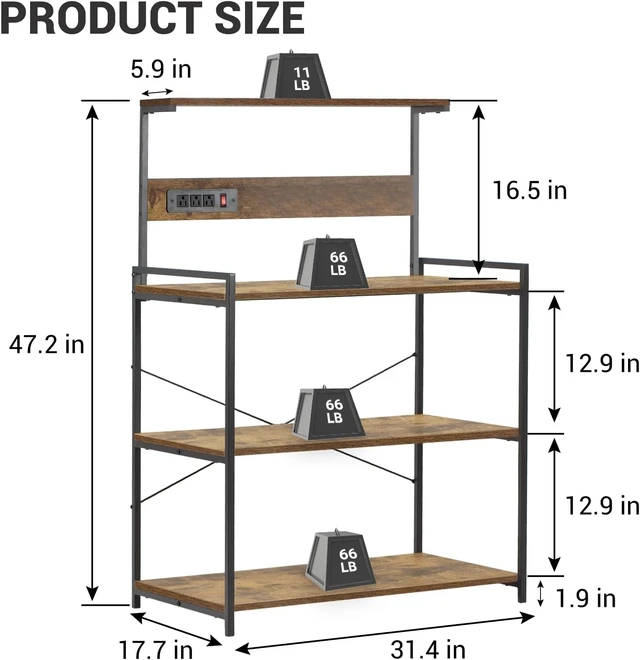 Alt view image 3 of 7 - 4-Tier Kitchen Baker's Rack with Power Outlet, Microwave Stand and Storage Shelves, Coffee Station Organizer (Rustic Brown)