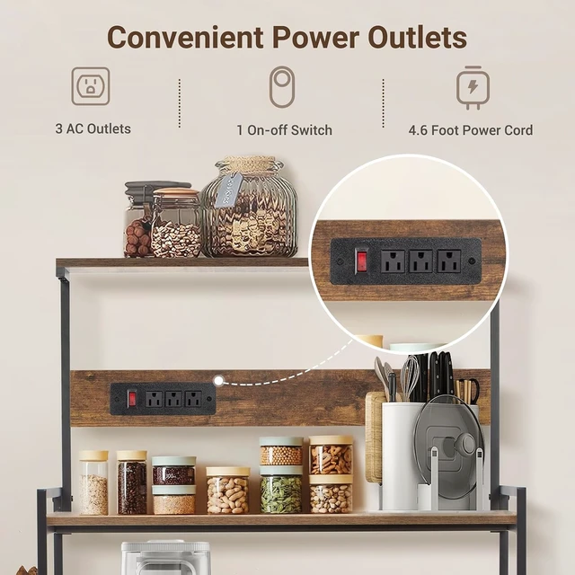 Alt view image 4 of 7 - 4-Tier Kitchen Baker's Rack with Power Outlet, Microwave Stand and Storage Shelves, Coffee Station Organizer (Rustic Brown)