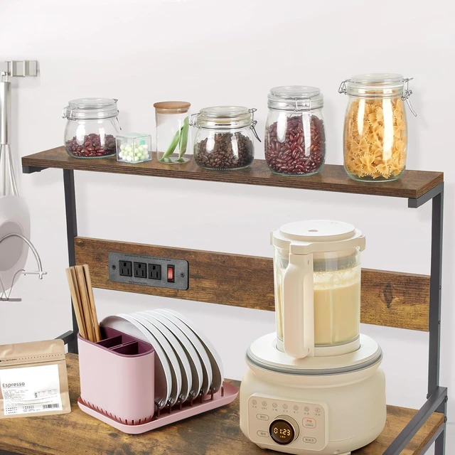 Alt view image 6 of 7 - 4-Tier Kitchen Baker's Rack with Power Outlet, Microwave Stand and Storage Shelves, Coffee Station Organizer (Rustic Brown)
