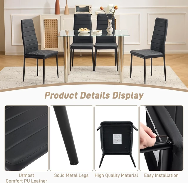 Alt view image 3 of 7 - Dining Chairs Set of 4, PU Leather & High Back, Black