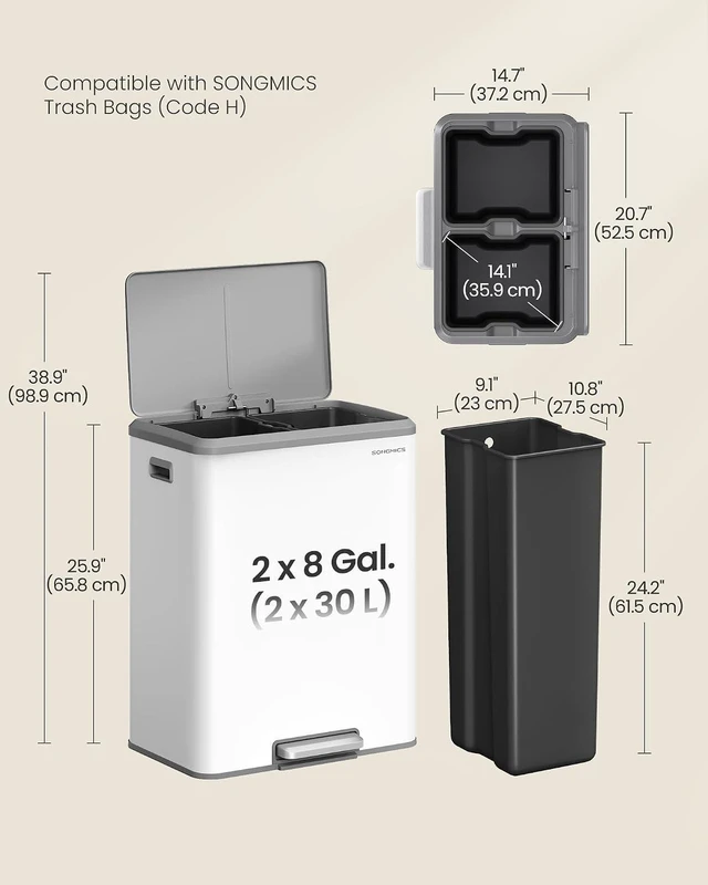Alt view image 6 of 6 - Trash Can, 2 x 8 Gallon (2 x 30 L), Stainless Steel