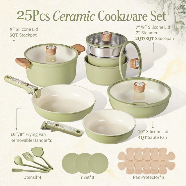 Alt view image 2 of 7 - 25pcs Ceramic Cookware Sets, Detachable Handle Pots and Pans Set