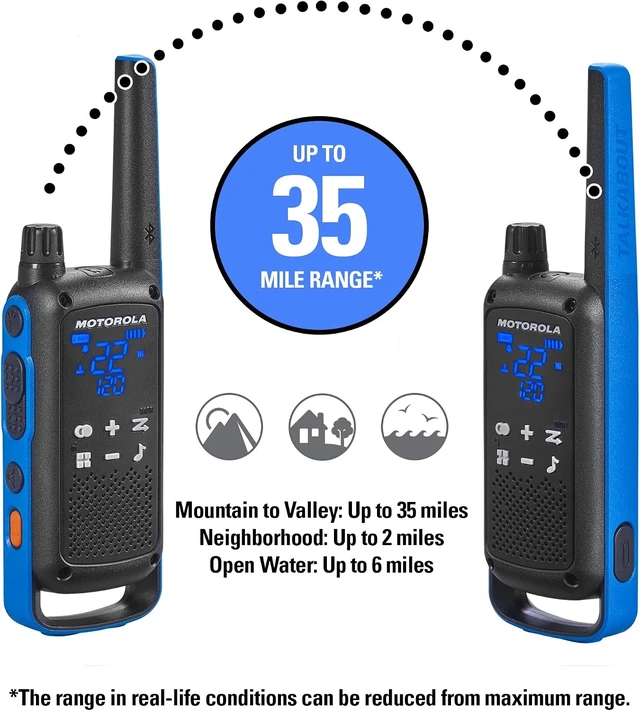 Alt view image 4 of 6 - , Portable FRS, T802, Talkabout, Two-Way Radios Waterproof IP54 Walkie Talkie Emergency Preparedness, Rechargable, 22 Channel, 35 Mile, Black W/Blue, 2 Pack