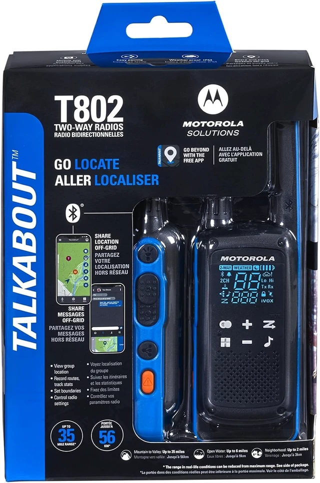Alt view image 6 of 6 - , Portable FRS, T802, Talkabout, Two-Way Radios Waterproof IP54 Walkie Talkie Emergency Preparedness, Rechargable, 22 Channel, 35 Mile, Black W/Blue, 2 Pack