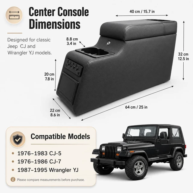 Alt view image 2 of 7 - Locking Center Console Compatible with Jeep CJ5 1976-1983, CJ7 1976-1986 and Wrangler YJ 1987-1995 with Adjustable Cup Holders, Removable 6-Can Cooler, Padded Armrest and Hidden Storage, Grey
