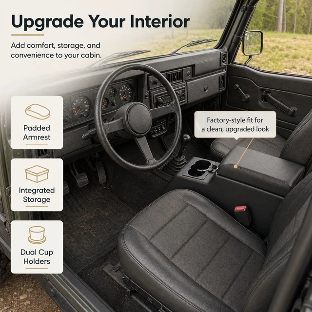 Alt view image 3 of 7 - Locking Center Console Compatible with Jeep CJ5 1976-1983, CJ7 1976-1986 and Wrangler YJ 1987-1995 with Adjustable Cup Holders, Removable 6-Can Cooler, Padded Armrest and Hidden Storage, Grey