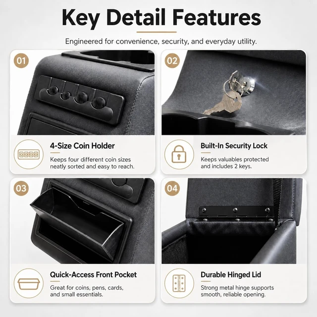 Alt view image 6 of 7 - Locking Center Console Compatible with Jeep CJ5 1976-1983, CJ7 1976-1986 and Wrangler YJ 1987-1995 with Adjustable Cup Holders, Removable 6-Can Cooler, Padded Armrest and Hidden Storage, Grey