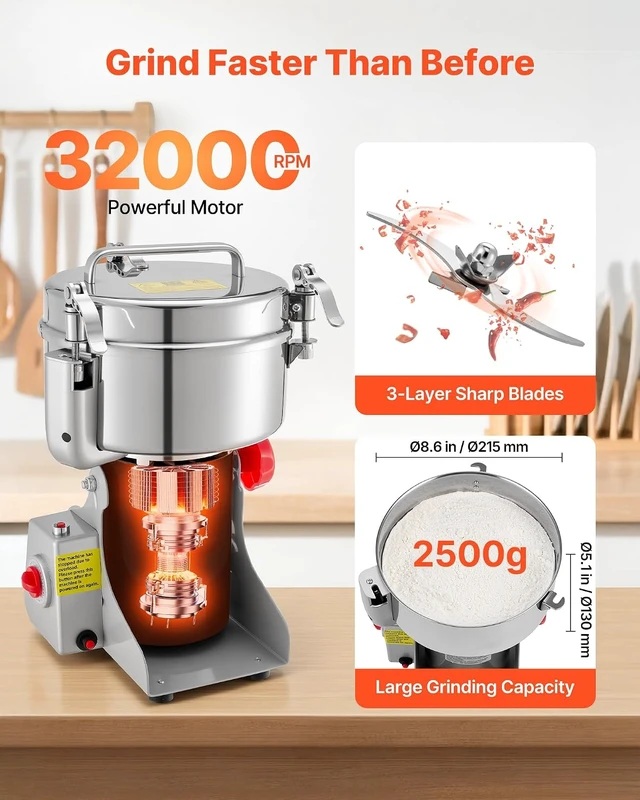 Alt view image 4 of 7 - Electric Grain Mill Grinder, 3400W 2500G Spice Corn Dry Grinding Machine, 32000RPM High Speed Stainless Steel Pulverizer Powder Machine for Dried Grain Coffee Bean Spice Nut (270° Swing Type)