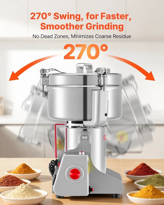 Alt view image 5 of 7 - Electric Grain Mill Grinder, 3400W 2500G Spice Corn Dry Grinding Machine, 32000RPM High Speed Stainless Steel Pulverizer Powder Machine for Dried Grain Coffee Bean Spice Nut (270° Swing Type)