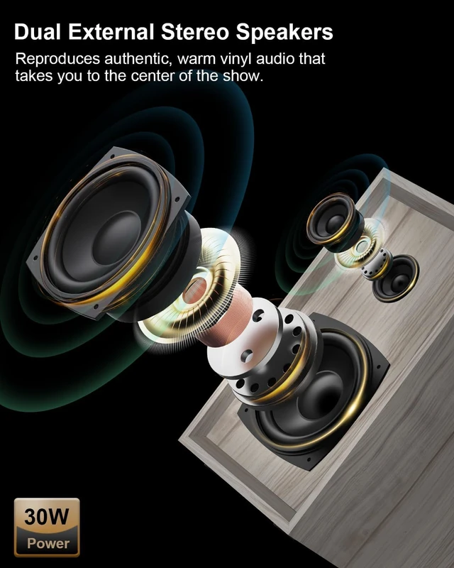 Alt view image 2 of 7 - Vinyl Record Player with 2 External Speakers, PC Recording, Oak
