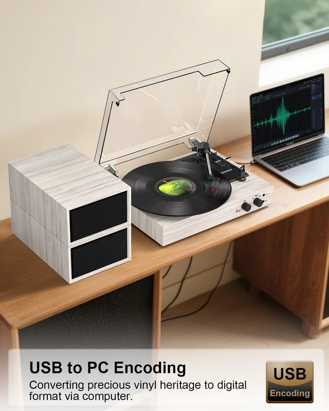 Alt view image 3 of 7 - Vinyl Record Player with 2 External Speakers, PC Recording, Oak
